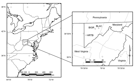Locations of long-term sampling sites in western Maryland.