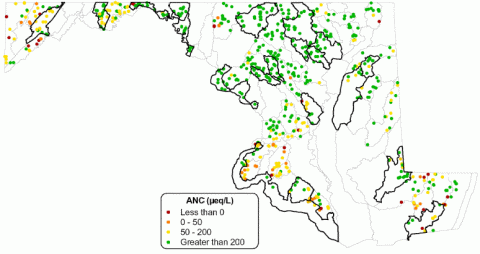 Areas in Maryland that are particularly prone to negative effects from stream acidification include western Maryland and the Coastal Plain regions. In this figure, distribution of ANC values for streams sampled from 2000 through 2002 are depicted. Sites with warmer colors indicate more sensitive streams. 