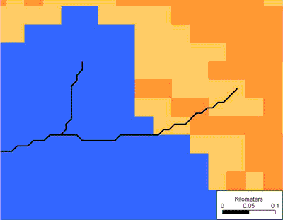 A decision tree classification was built from these data. Orange is 80% probability of burial, Yellow is 40% probability of burial, and Blue is 8% probability of burial. 