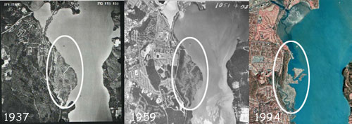 Aerial views of Dyke Marsh in 1937, 1954, and 1994. By 1940, the marsh was being dredged for sand and gravel. As a result, almost 200 acres of marshland were lost.