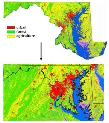 Urban areas in 1992 (top) and predicted increases to 2020 (bottom) for the state of Maryland. 