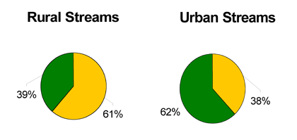 We compared stayers (shown in yellow) to movers (shown in green) upon recapture at urban and rural streams. Rural stream populations were found to display a greater “stayer” component than “mover”. 