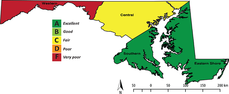 Map depicting the potential coarse-scale resiliency of Bermudagrass in Maryland, which indicates that this species grows best in Southern Maryland and on the Eastern Shore.