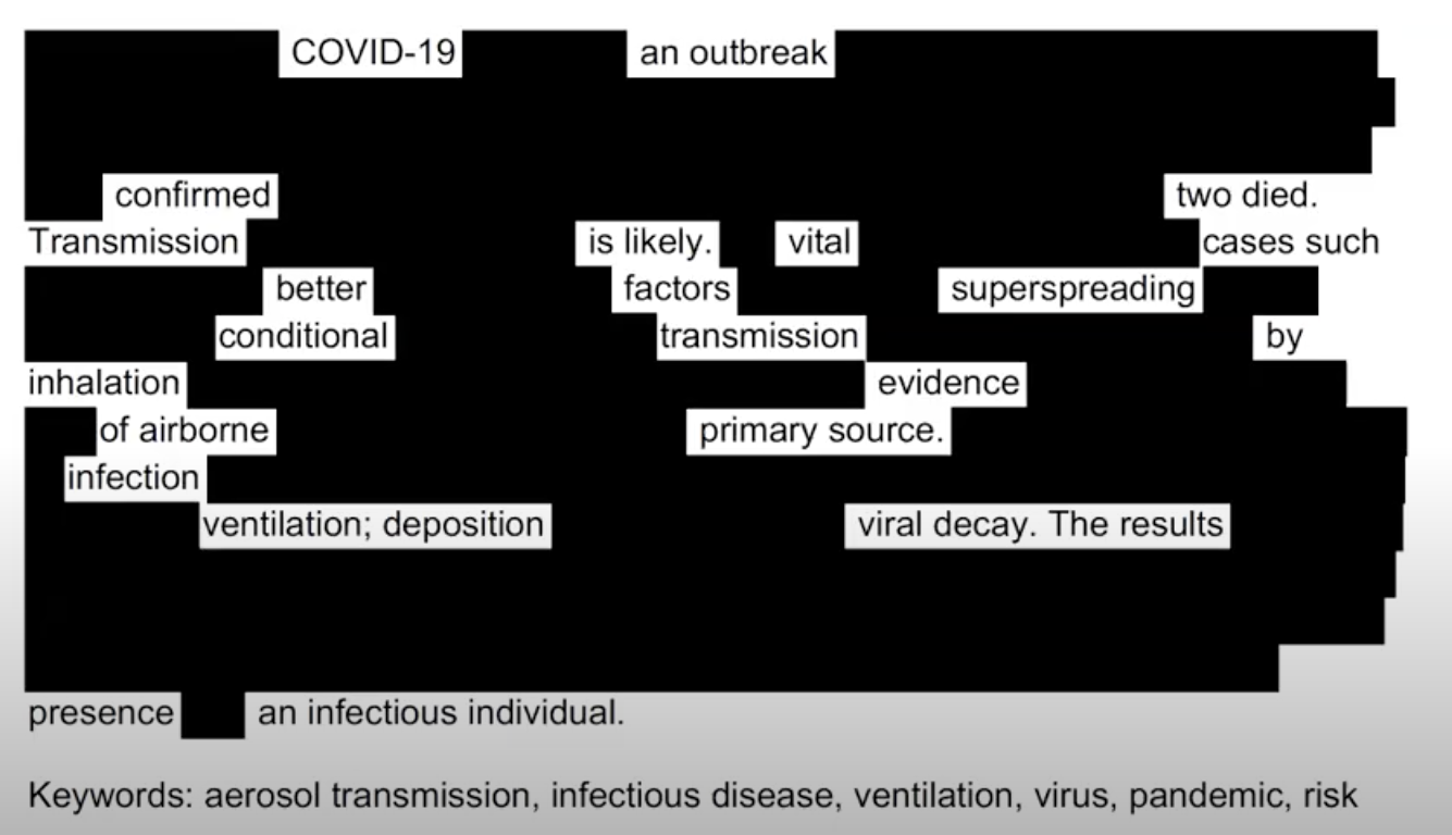 Black-out Poem: COVID-19 an outbreak confirmed two died. Transmission is likely. Vital cases such better factors superspreading conditional transmission by inhalation evidence of airborne primary source. infection ventilation; deposition viral decay.