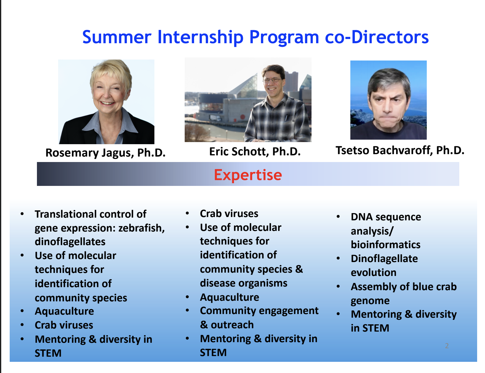 Summer internship co-directors: Rosemary Jagus, Eric Schott, Tsetso Bachvaroff