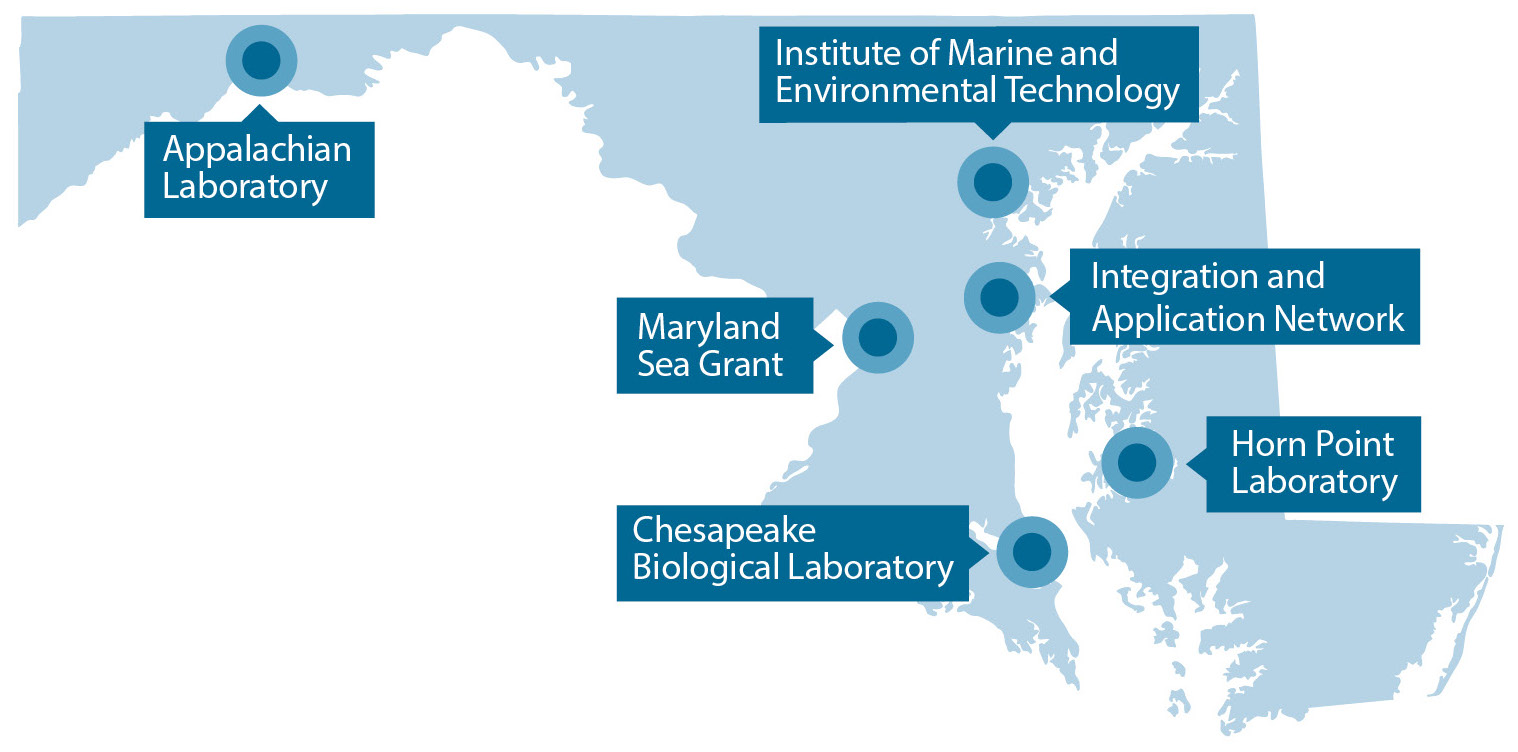 A blue map with pinpoints and markers indicating the locations of UMCES' labs and initiatives.