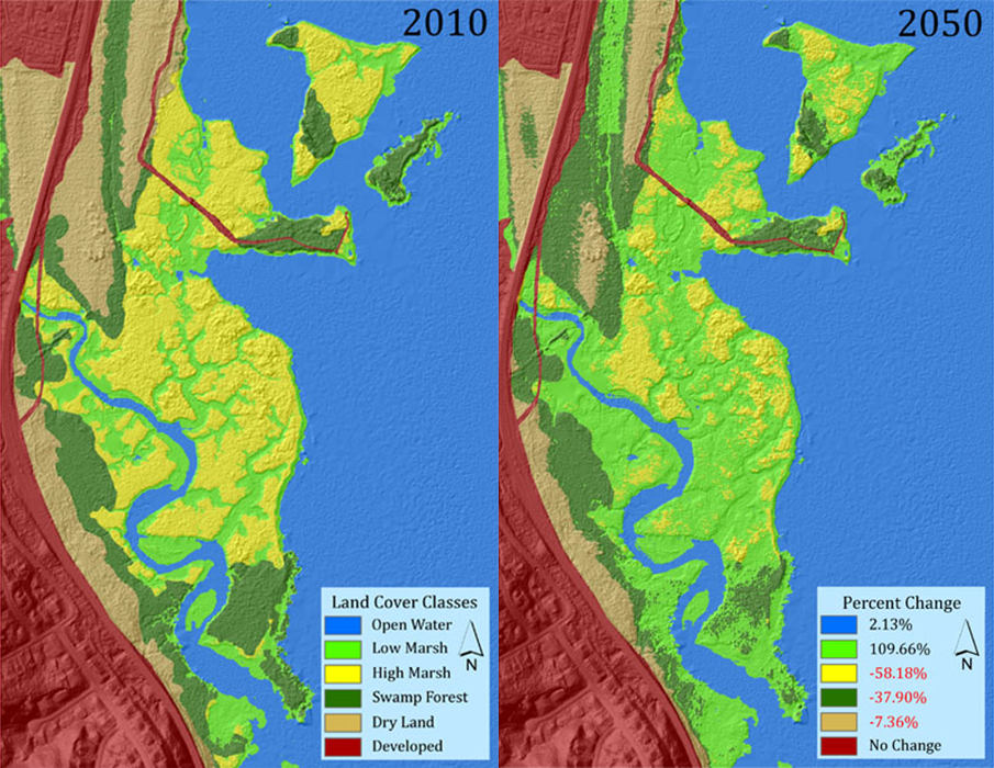 Maps of SLAMM projected habitat change for Dyke Marsh Preserve from 2010 to 2050