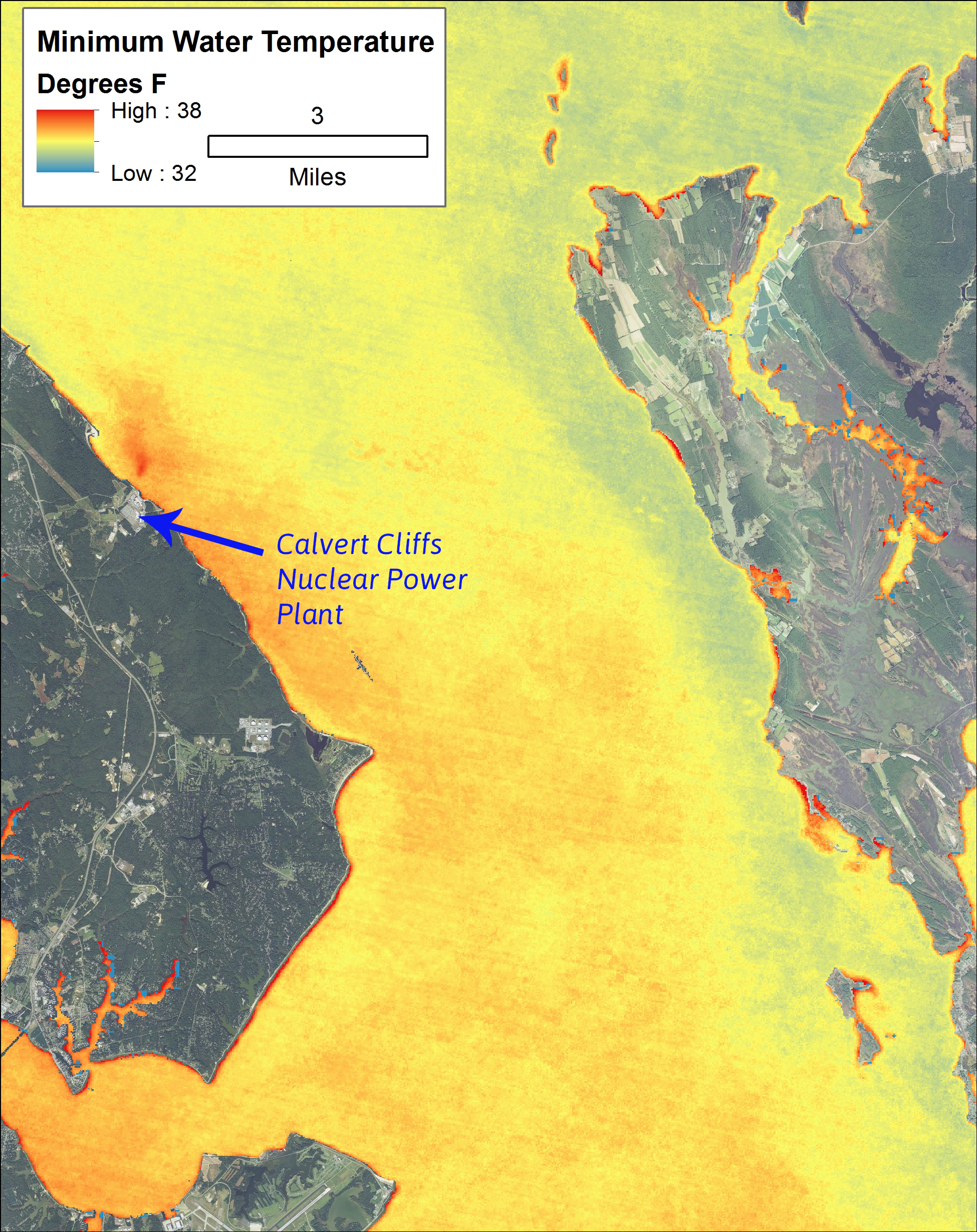 Map displaying impact of power plants on WST along the shoreline of the Chesapeake Bay