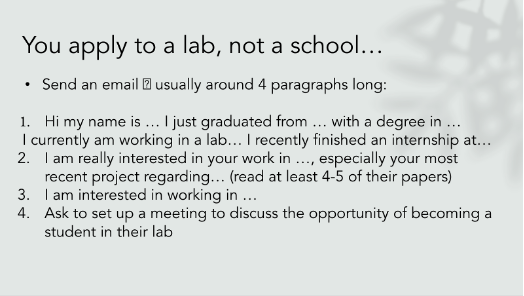 presentation slide with text, "You apply to a lab, not a school"