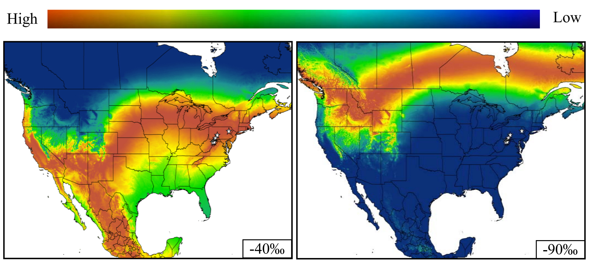 Representative likelihood-of-origin maps for two different hoary bats