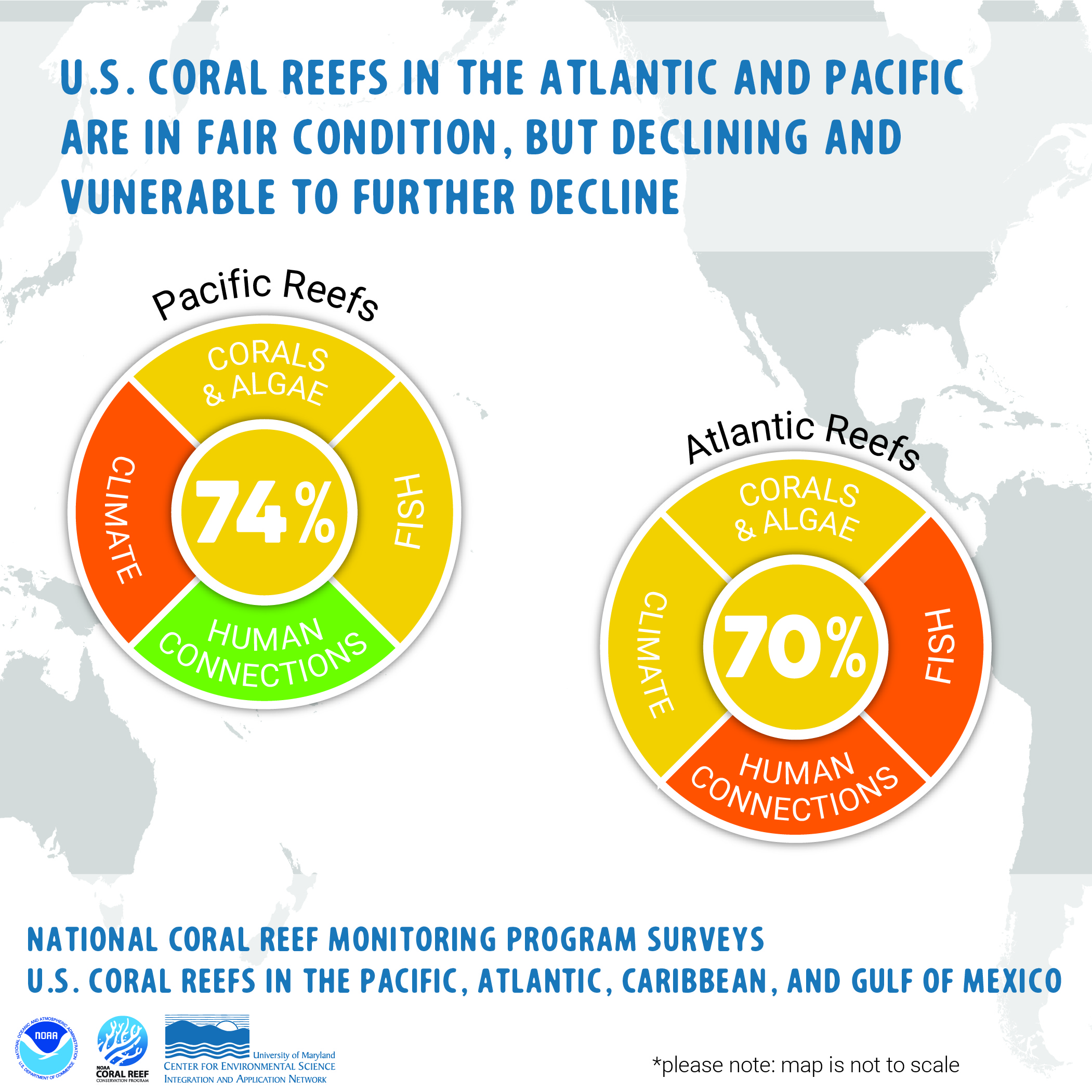 Map of Atlantic and Pacific oceans with coral reef score wheels overlaid. Pacific Reefs received a score of 74% and Atlantic Reefs scored 70%.