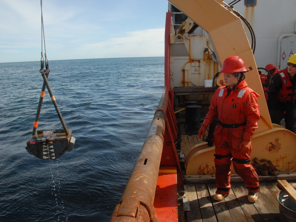Chelsea Wegner aboard arctic research cruise, reeling in data.