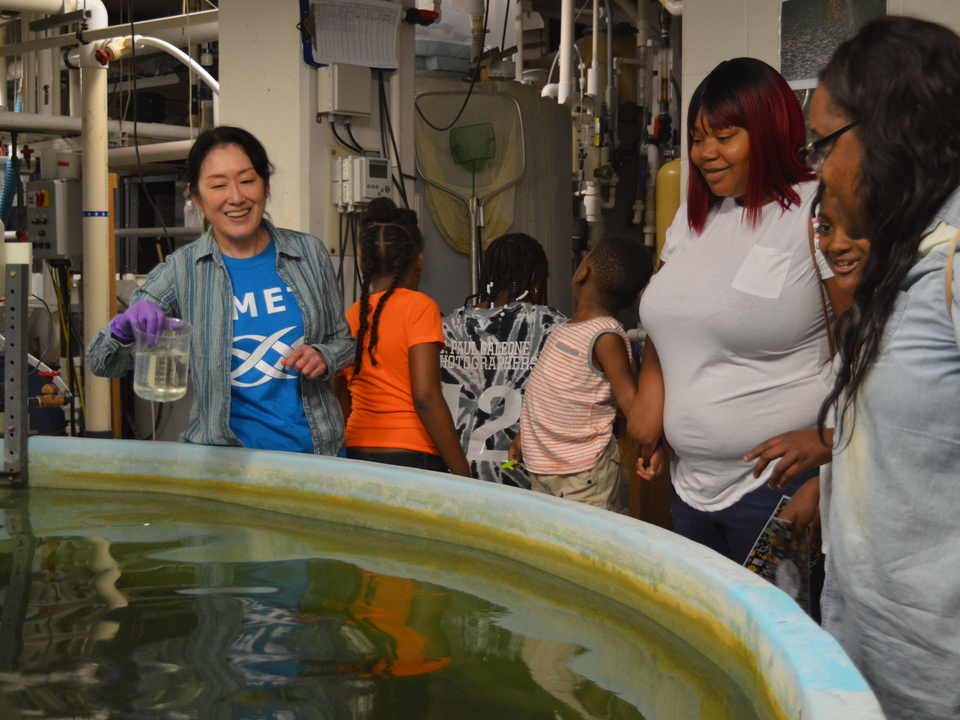 Visitors gather around a fish tank at IMET's aquaculture research center