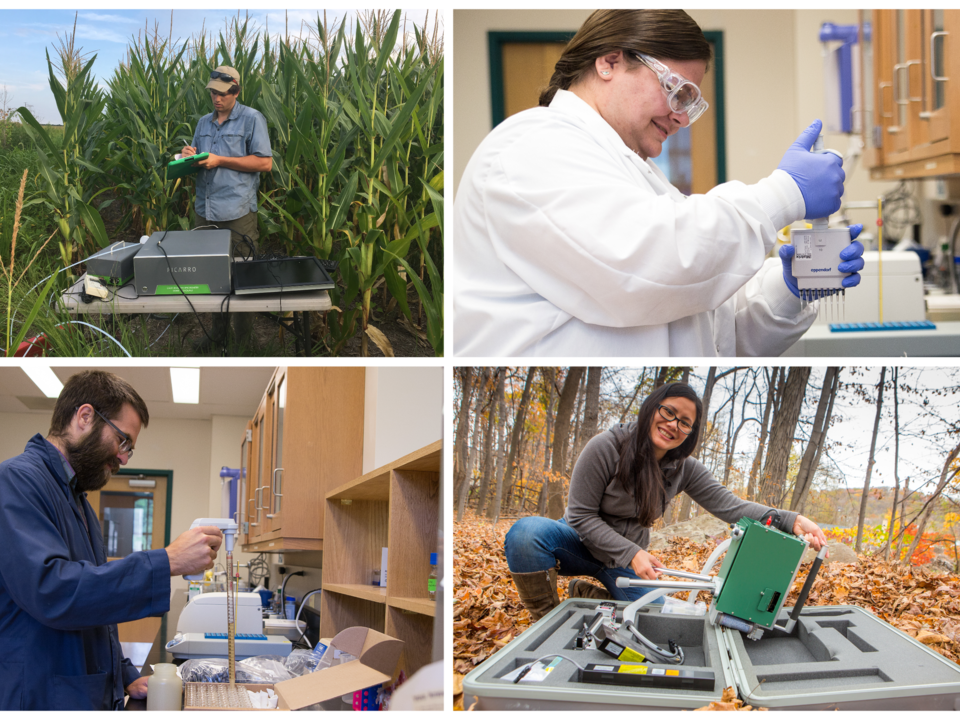 Collage of graduate students working the laboratory and in the field. 