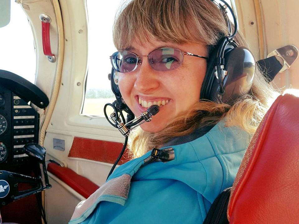 Helen Bailey on a plane for aerial surveys of dolphins in Cheaspeake Bay