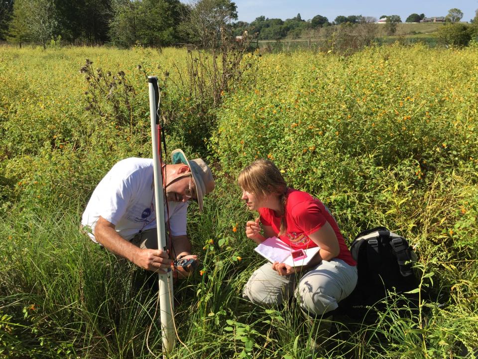 Two scientists work in a field to investigate groundwater.