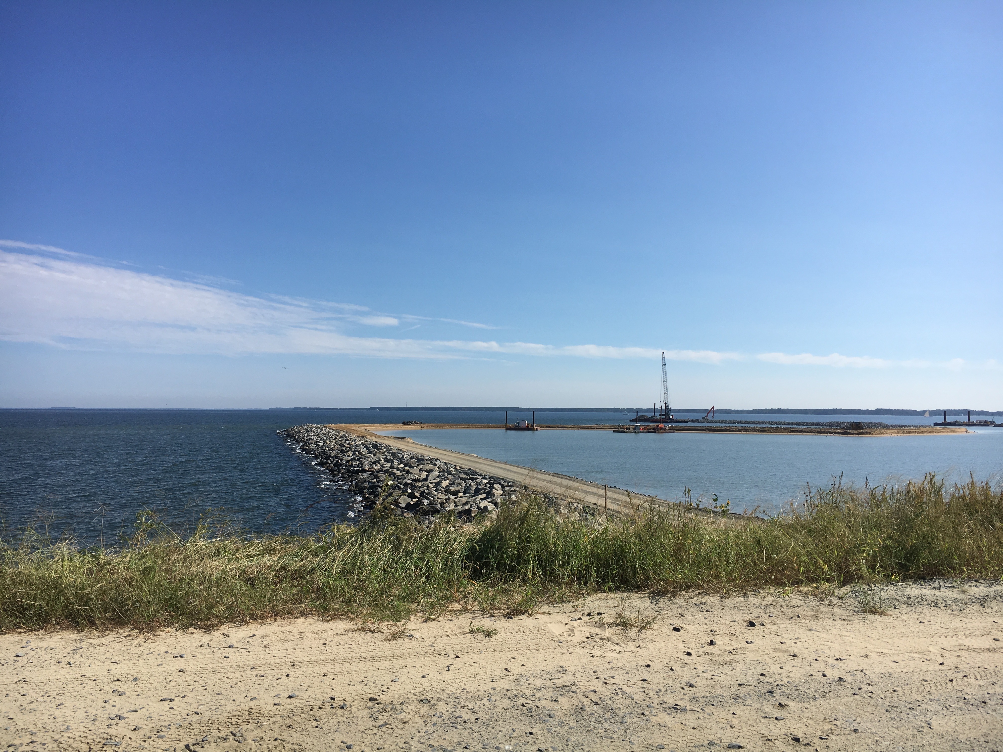 A coast of Poplar Island. Both the Chesapeake Bay and restoration cells can be seen.