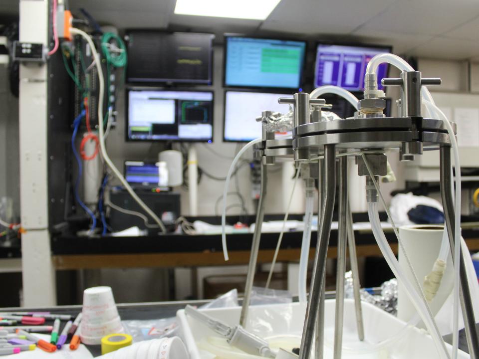 Research equipment set up in the laboratory aboard the Atlantic Explorer research vessel