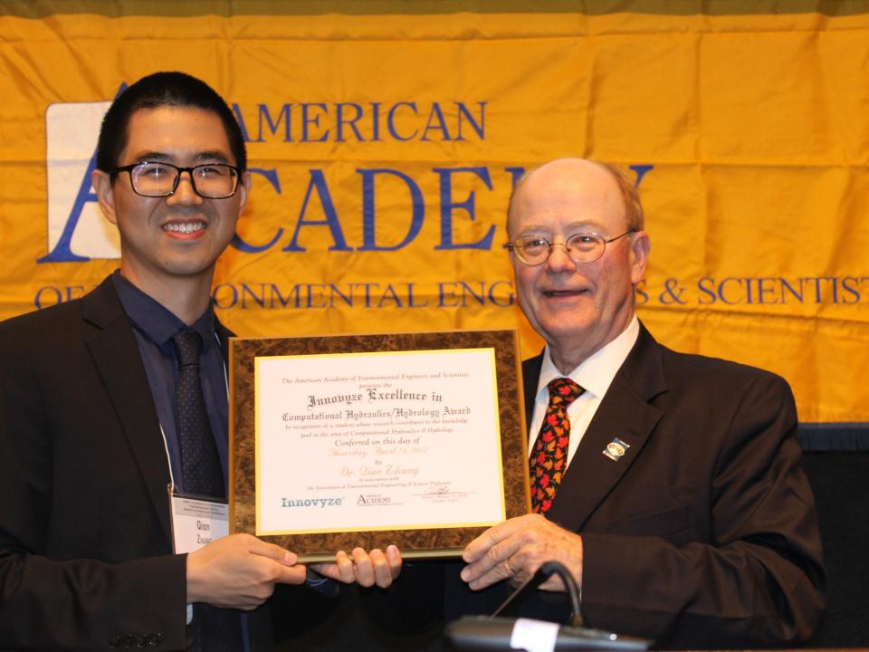 UMCES' Qian Zhang receives the Innovyze Excellence in Computational Hydraulics/Hydrology Award from the American Academy of Environment Engineers and Scientists.