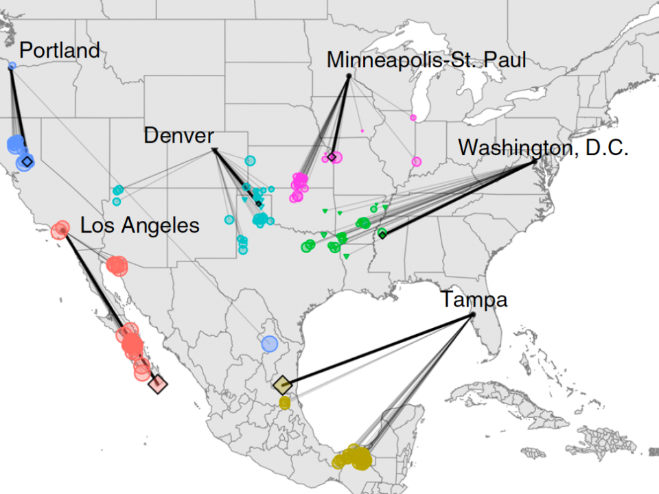 Map of the United States showing how climate change will shift the climate of cities 500 miles to the south by 2080.