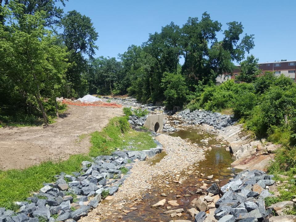 urban stream under restoration next to development