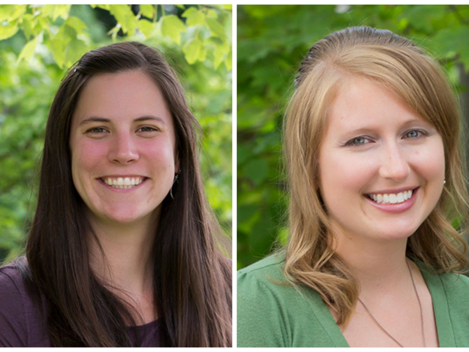 Headshots of Kelly Pearce (left) and Stephanie Siemek (right) with green leaves in background. 