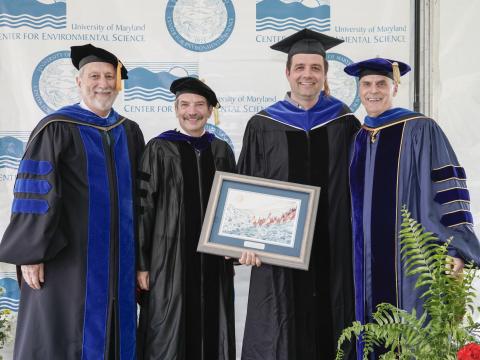 UMCES President Emeritus Don Boesch, Appalachian Laboratory Director Eric Davidson, awardee Matt Fitzpatrick, and UMCES President Peter Goodwin.