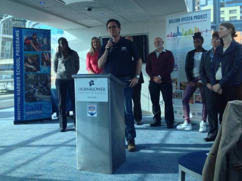 Science Integrator Simon Costanzo speak at the Billion Oyster Project kickoff at New York Harbor.