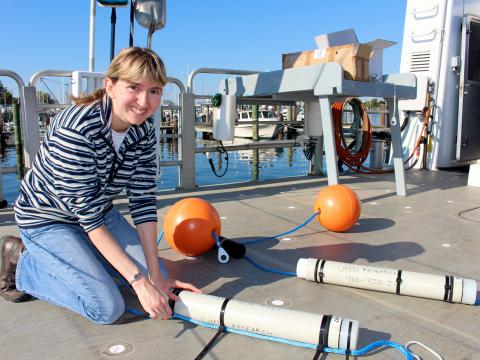 Helen Bailey with acoustic monitoring equipment