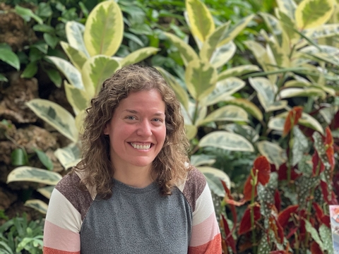 Annie Stark wearing a grey sweater with pink, white and grey striped sleeves with large green plants in background. 