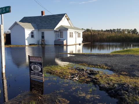 The yard around a home is flooded with standing water. 