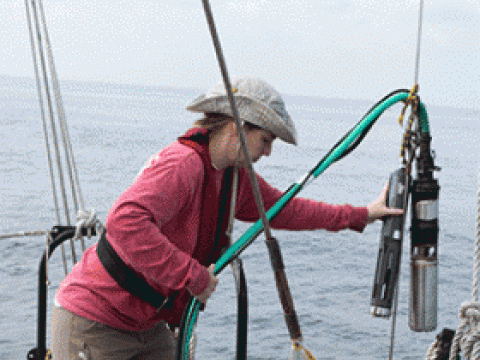 Laura Lapham recovers equipment that she and colleagues lowered into the Bay to collect water samples at different depths.