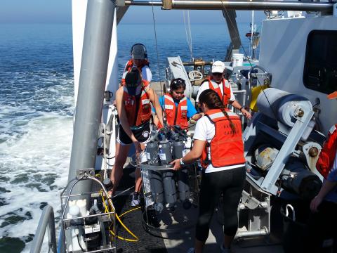Students in the biological oceanography class lift a CTD rosette to lower it into the water.