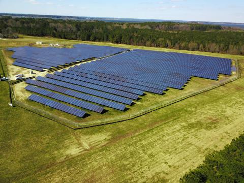 An aerial view of the solar field at Horn Point Laboratory.