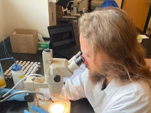 Intern Richard Johnson, wearing white lab coat, examines samples under a microscope. 