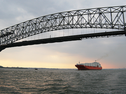 A tanker ship approaches the Francis Scott Key bridge over the Patapsco River