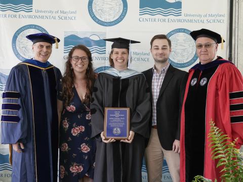 UMCES President Peter Goodwin, Graduate Student Council Chair Christina Goethel, Faculty Mentorship Awardee Laura Lapham, Graduate Student Drew Hobbs, and Chesapeake Biological Laboratory Director Tom Miller.