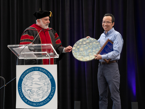 UMCES Associate Professor Yantao Li receives 2024 President’s Award for Excellence in the Application of Science. Credit: Jill Jasuta.