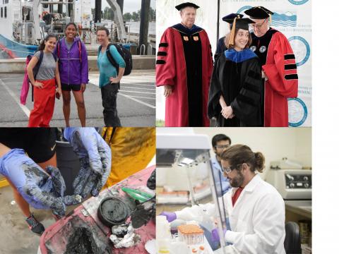 Four photos showing what working at Chesapeake Biological lab is like. 