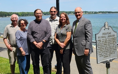 Scientists from UMCES' Chesapeake Biological Laboratory stand with Brian Hochheimer and Marjorie Wax Donors