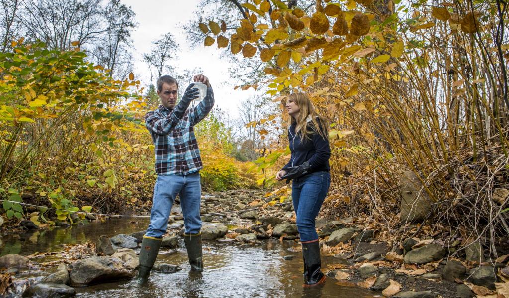 two people testing water in a stream