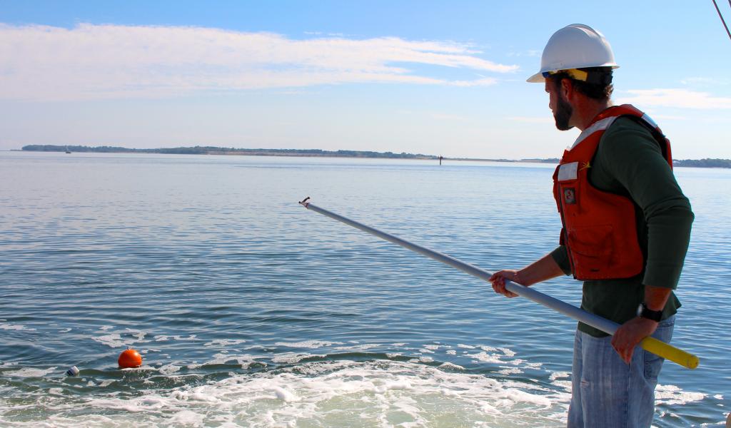 person standing in the water with a pole