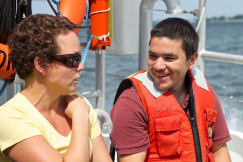 Dr. Jeremy Testa and IAN’s Jayne Thomas participating in a Chesapeake Bay water quality monitoring research cruise. 