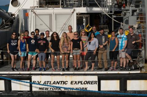 Group photo of fesearch team aboard the Atlantic Explorer research vessel.