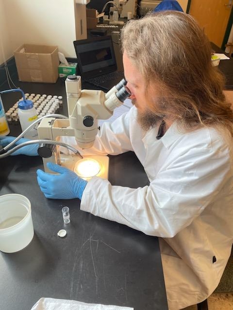 Richard Johnson examines samples under the microscope. 