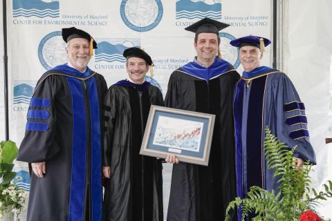 UMCES President Emeritus Don Boesch, Appalachian Laboratory Director Eric Davidson, awardee Matt Fitzpatrick, and UMCES President Peter Goodwin.