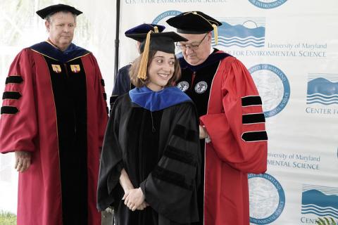 Suzan Sharestani in doctoral robes at commencement