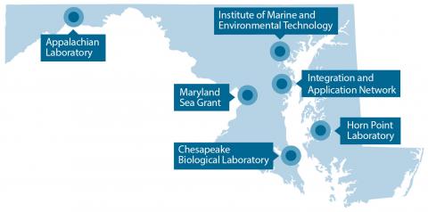 A blue map with pinpoints and markers indicating the locations of UMCES' labs and initiatives.