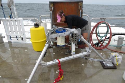 CBL Graduate Research Assistant Lauren Gelesh, Laura Lapham’s student, placed several pump-like instruments at the bottom of the Bay to continuously collect water samples before, during, and after waters went hypoxic. 