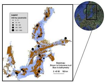 Laura Lapham used the data to create a map that shows the amounts of methane flowing from the sediment into the water at different locations. Image courtesy of Laura Lapham